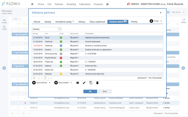 FLOWii ERP poskytuje prehľadnú databázu kontaktov s prepojením na CRM.
